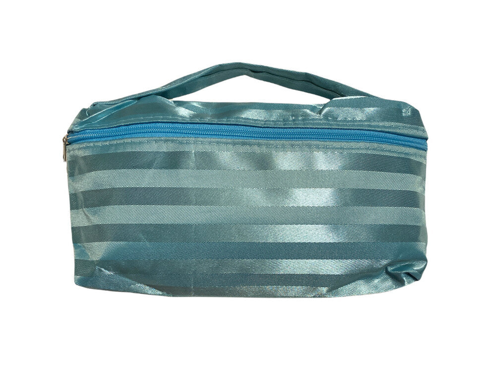 Turquoise Satin Stripe Cosmetic Bag with Zipper & Handle - 5x8 Inches
