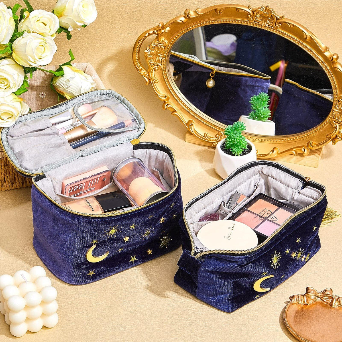 Velvet Starry Makeup Bags Set - Portable Cosmetic Organizer for Travel