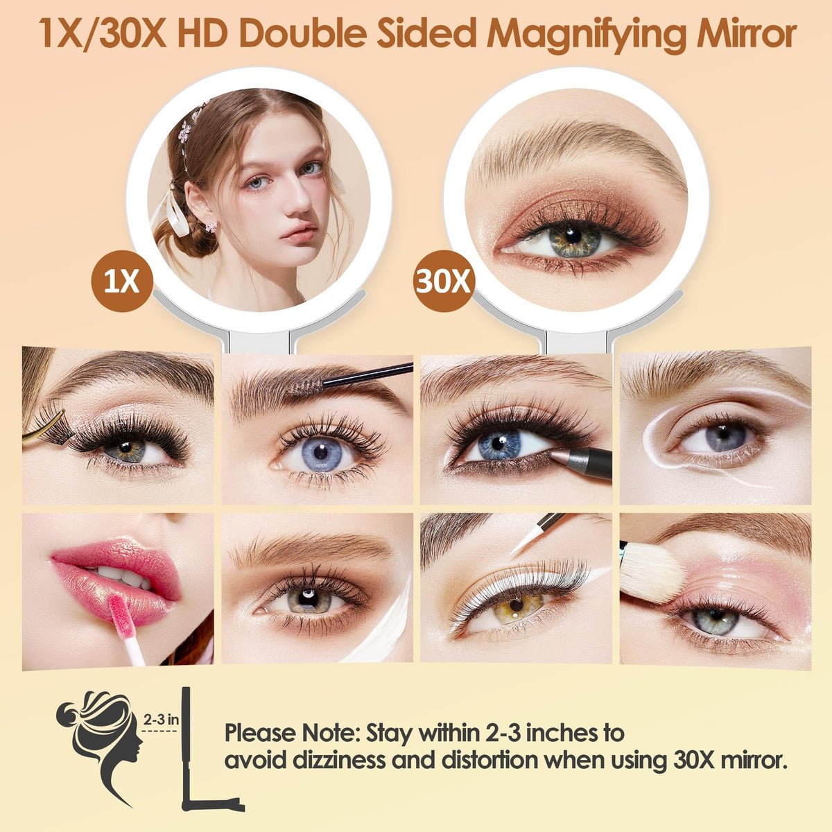 Magnifying Makeup Mirror with Light - 30X/1X Double Sided, Portable, Adjustable Brightness