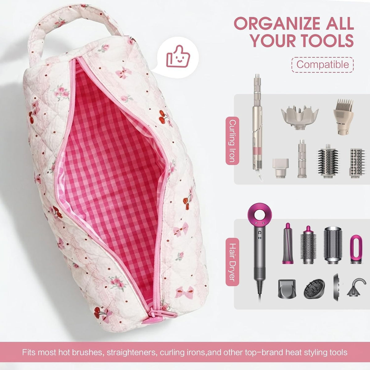 Travel Hair Tool Organizer Bag Pink Portable Dryer & Curling Iron Case