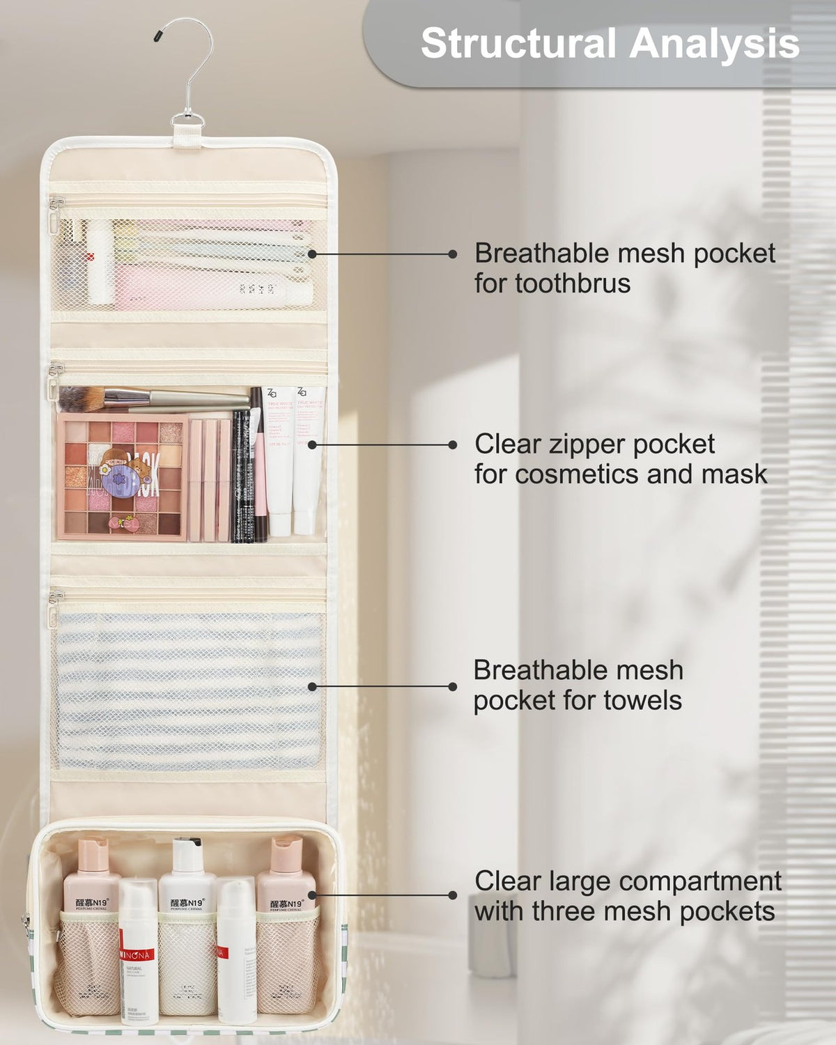 Travel Hanging Toiletry Bag with 360° Swivel Hook & Large Capacity