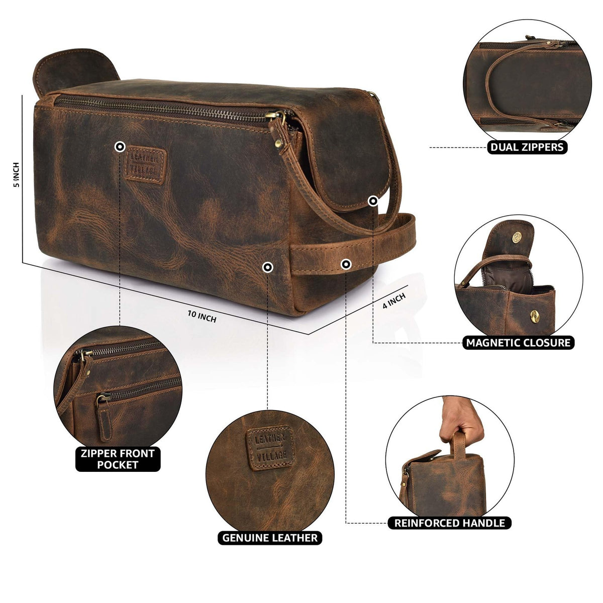 Leather Travel Toiletry Bag - Waterproof Premium Leather Organizer for Men & Women