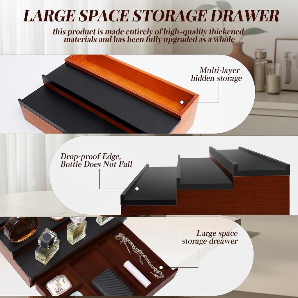 Men's Cologne Organizer with Drawer and Hidden Storage - Black Wood Stand