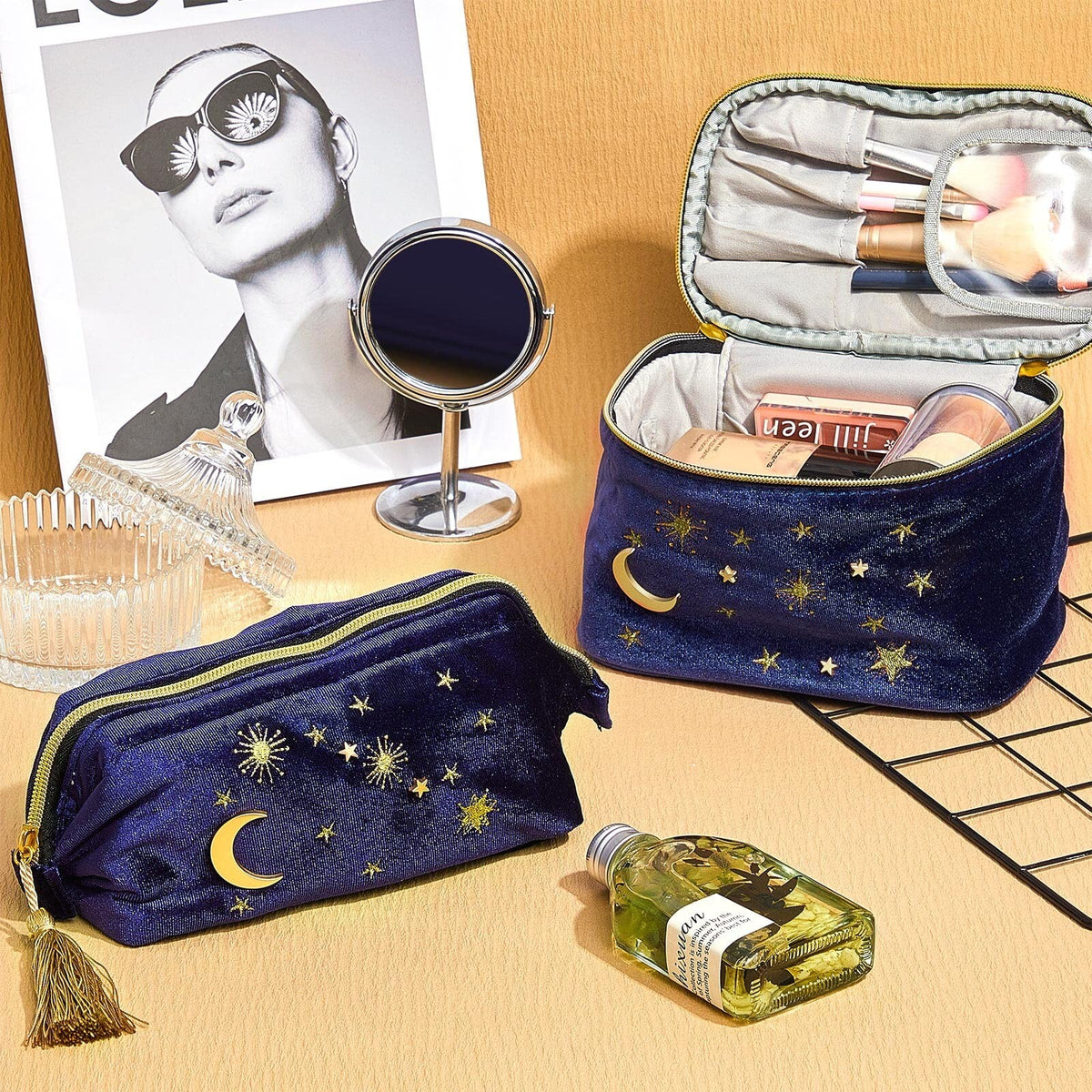Velvet Starry Makeup Bags Set - Portable Cosmetic Organizer for Travel