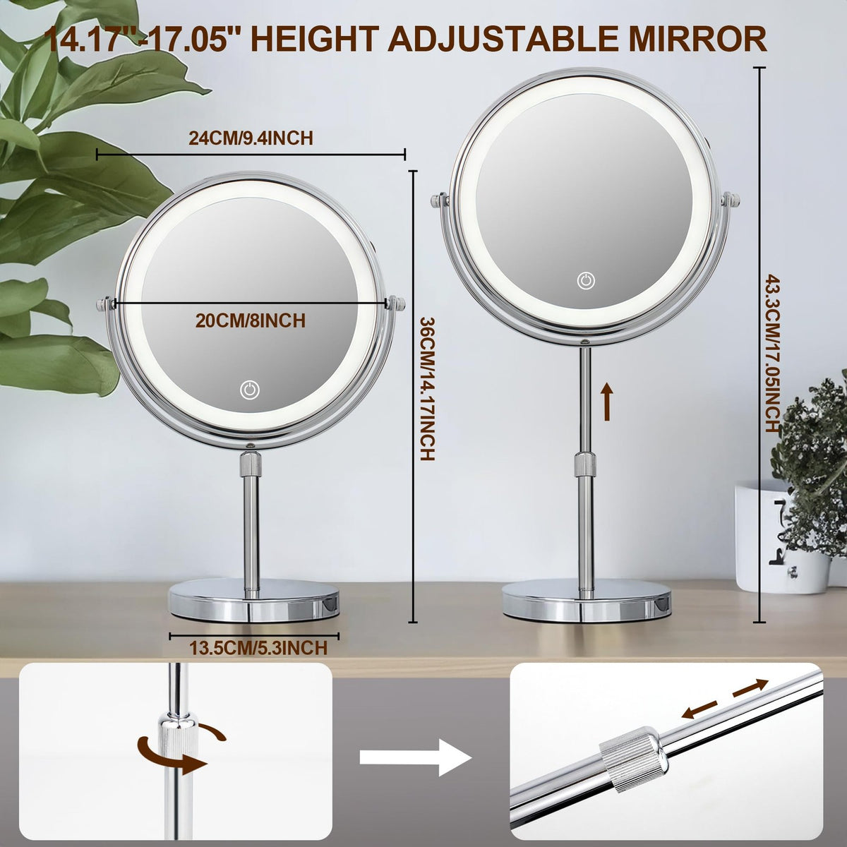 Lighted Makeup Mirror with 3 Lighting Modes, 8-Inch Adjustable Height, 10X Magnification