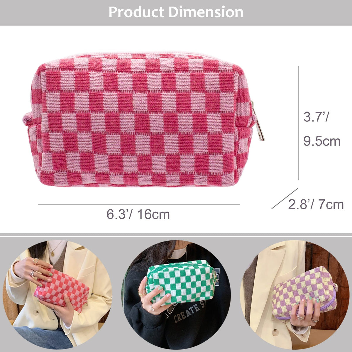 Checkered Makeup Bag with Handle, Compact Rectangular Cosmetic Organizer