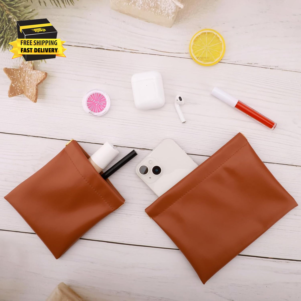 Waterproof PU Leather Purse Organizer Pouches - 2-Pack Small Cosmetic Bags