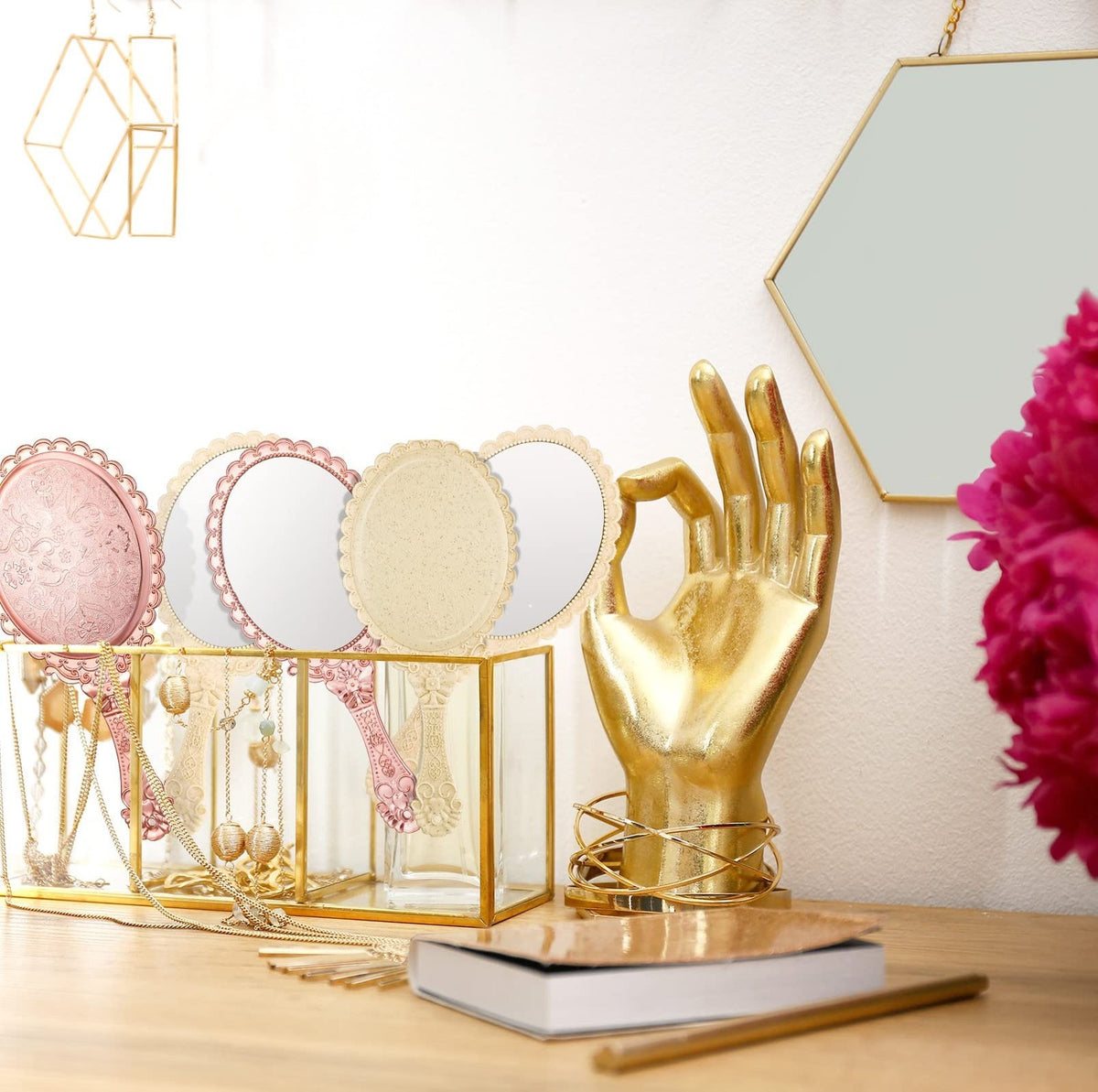 Vintage Handheld Makeup Mirrors Set - 20 Pieces with Handles, 9.8 Inches, Retro Flower Design