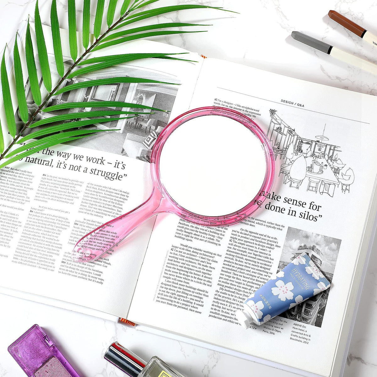 Double-Sided Hand Mirror 1x/2x Magnifying with Handle - Pink