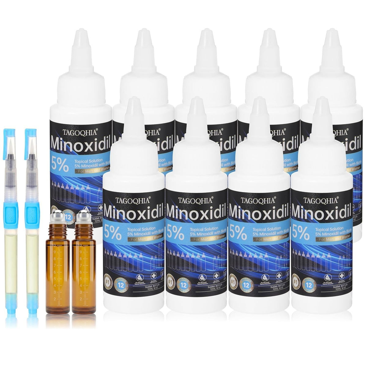 5% Minoxidil for Men Hair Regrowth - 9 Pack with Roller & Brush
