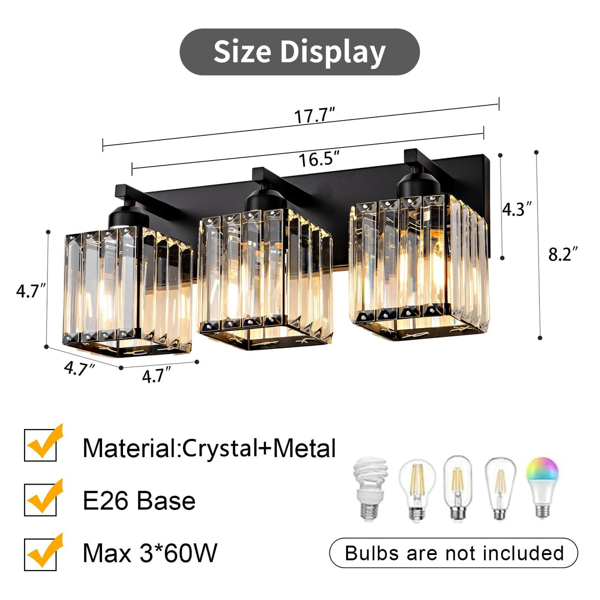 Black 3-Light Crystal Bathroom Vanity Light Fixture - Modern Wall Sconce