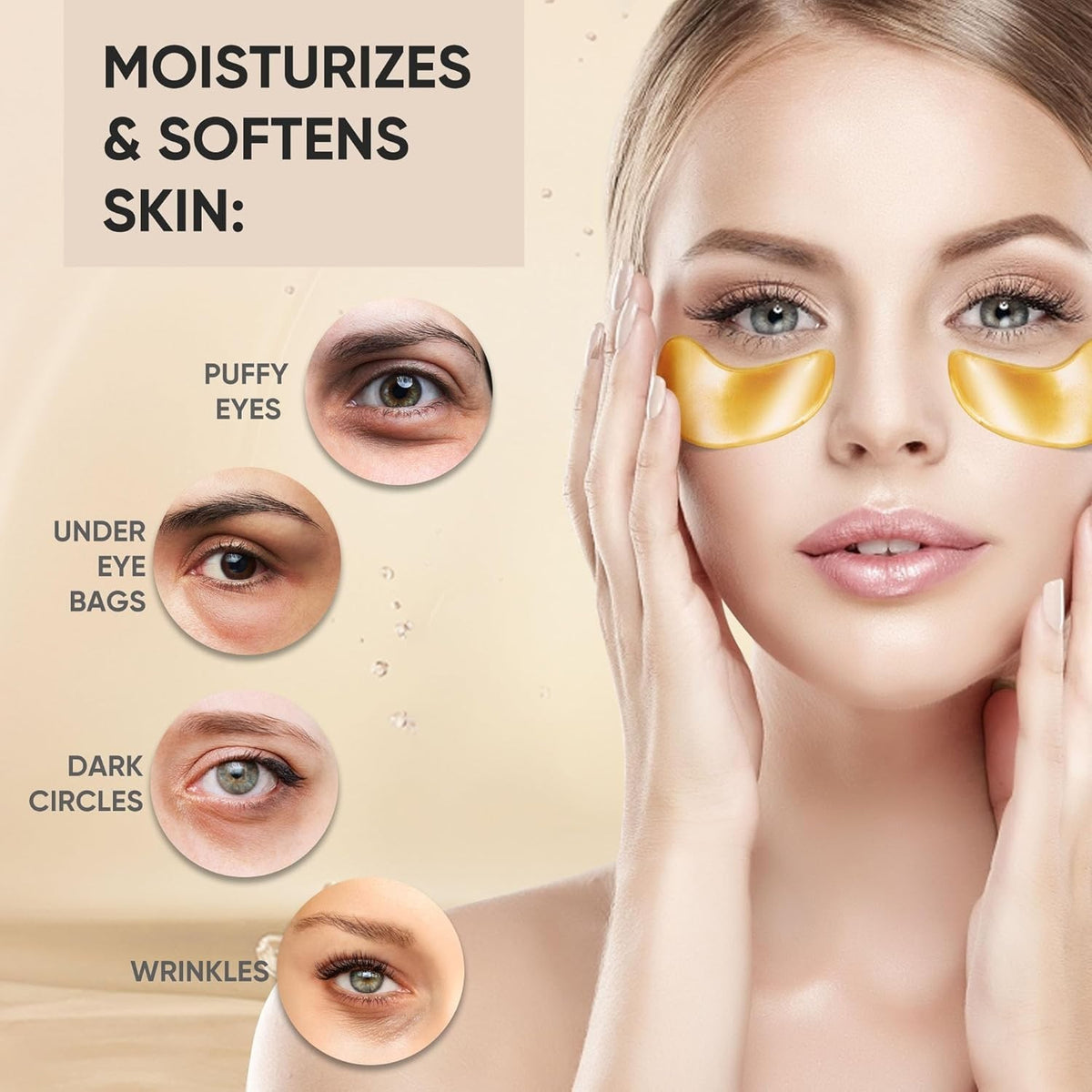 24K Gold Eye Patches with Collagen - Reduces Wrinkles, Hydrates & Firms Under-Eye