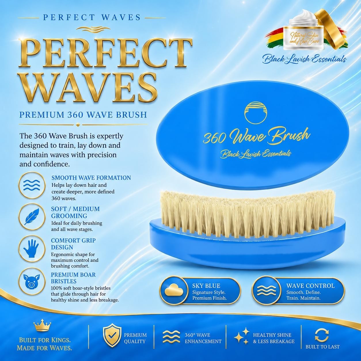 360 Wave Hair Brush MED/Hard Boar Bristle Curved Design for Deeper Waves - Sky Blue