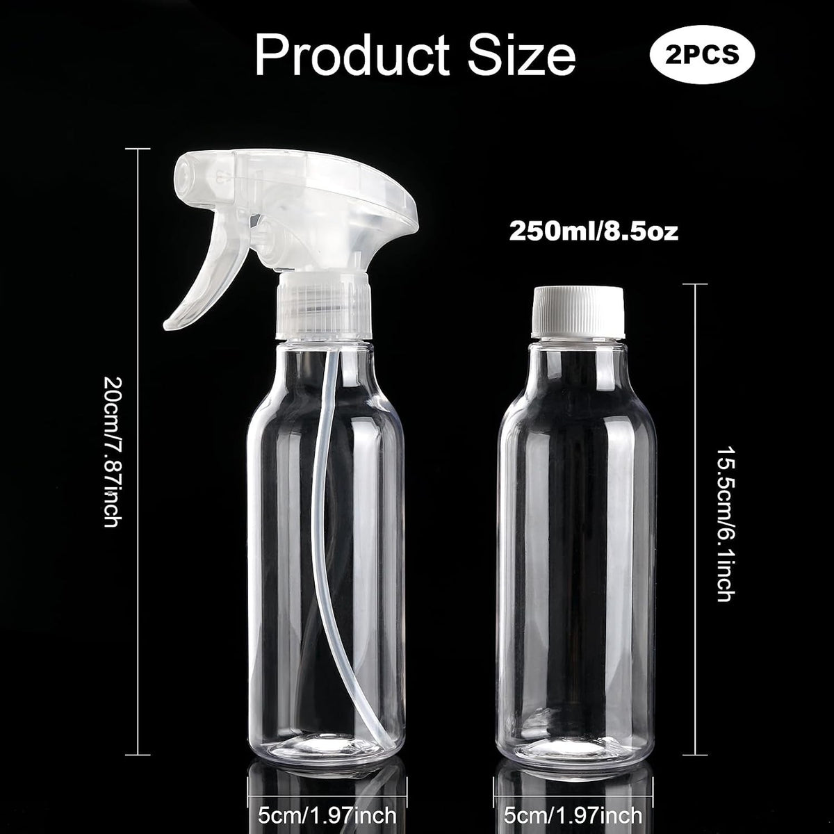 8.8oz Plastic Spray Bottles 2 Pack - Refillable Clear Mist Sprayers for Cleaning, Hair and Household Use