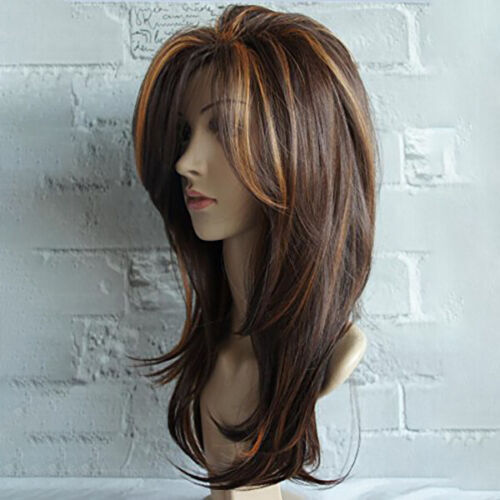 Women’s Ombre Curly Wig with Dark Brown and Gold Highlights - Shoulder Length Synthetic Hair
