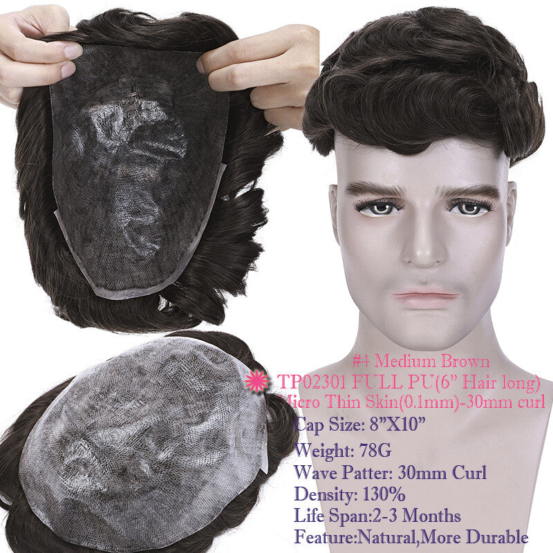 Men's Thin Skin Hair Replacement Toupee Human Hair System with Full PU Base