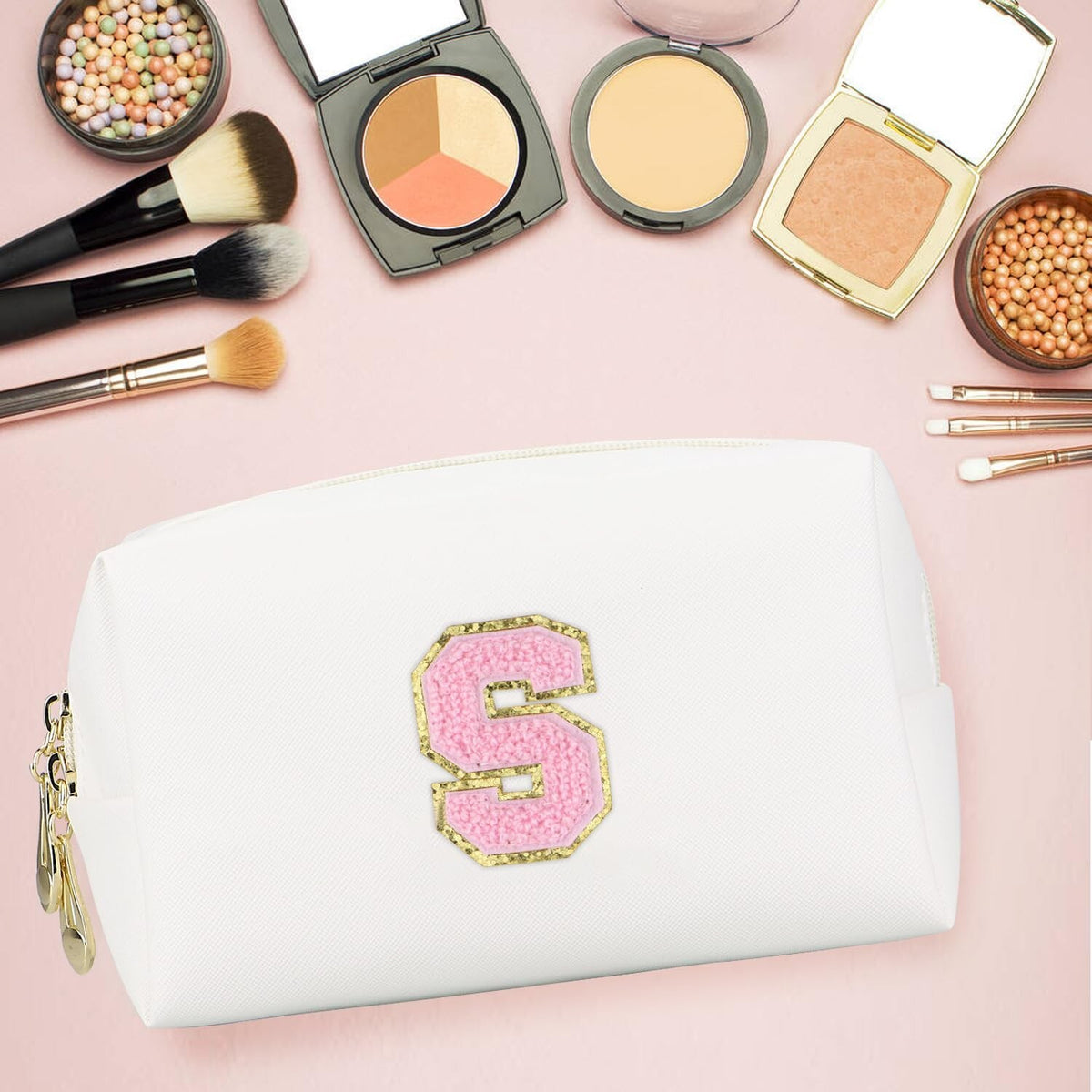 Personalized Waterproof PU Leather Makeup Bag with Initial Letter S - Travel Cosmetic Case for Women & Girls