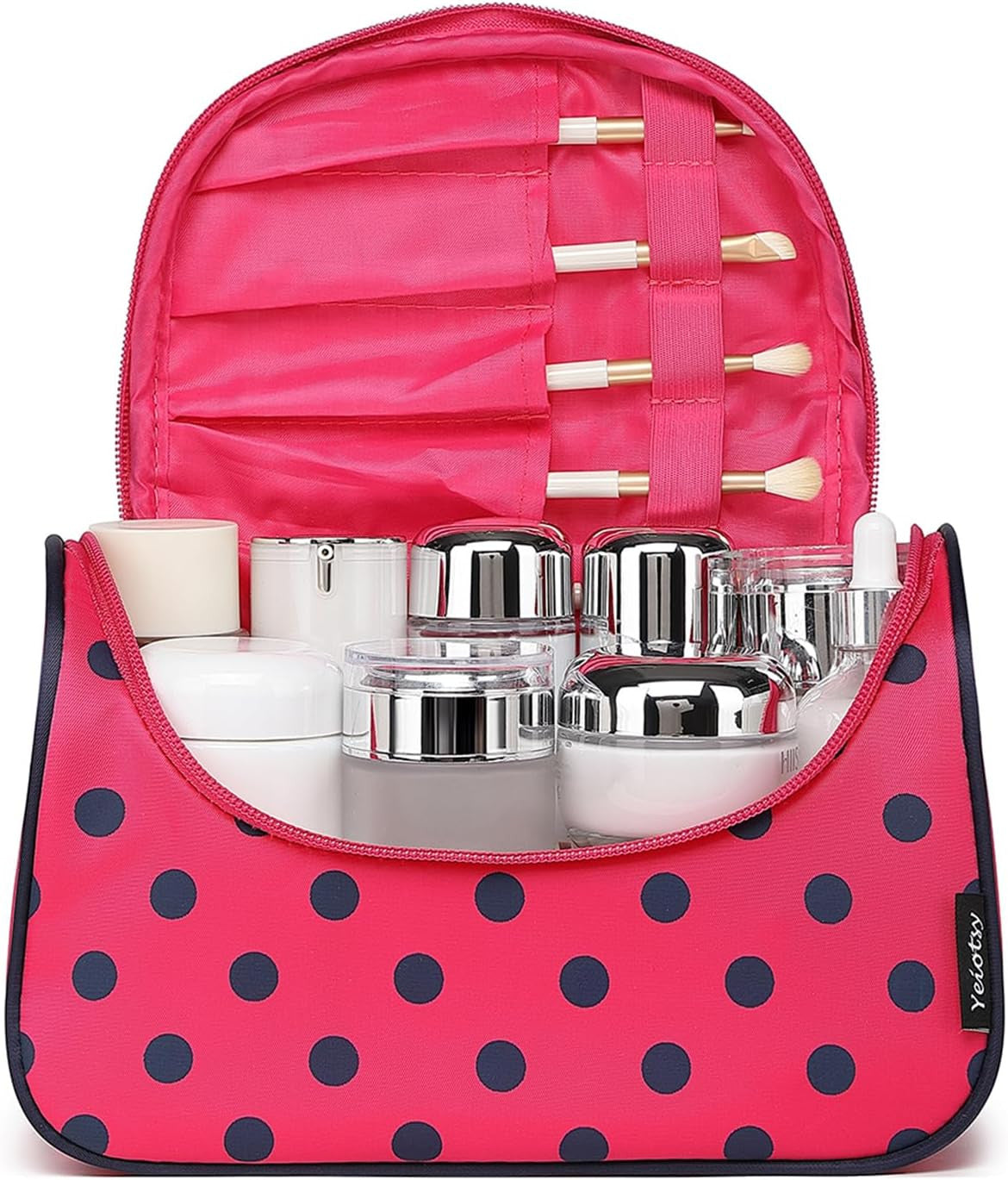 Travel Cosmetic Bag for Women - Hanging Makeup Organizer & Polka Dot Design