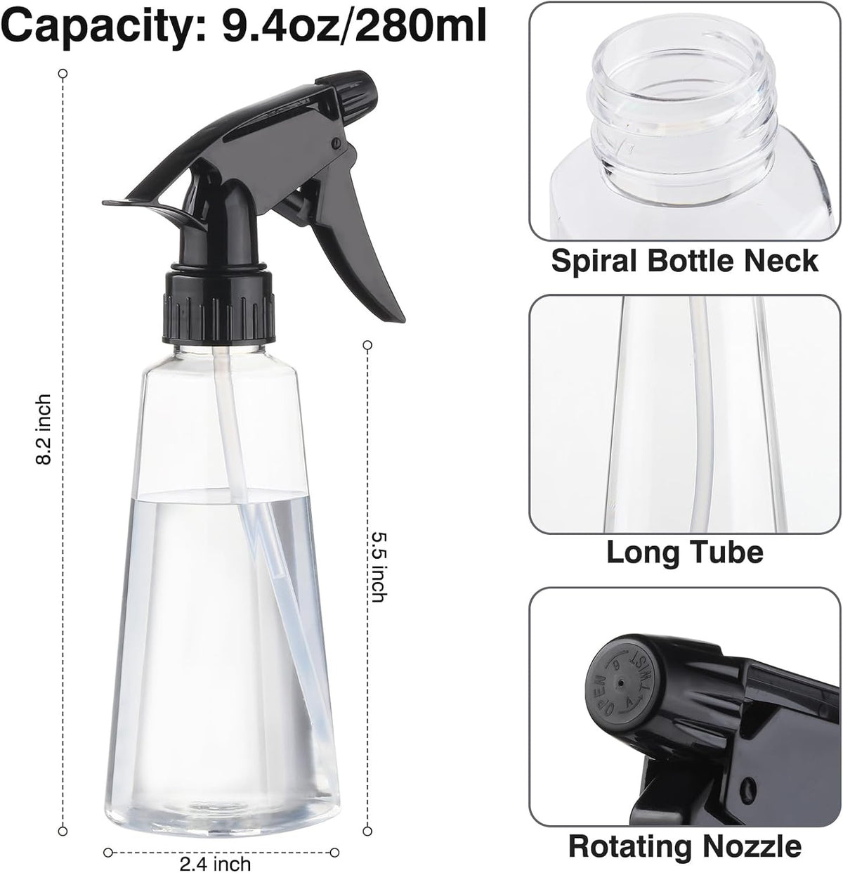 Refillable Spray Bottles 2 Pack - 9.4 oz Plastic Mist & Water Spray