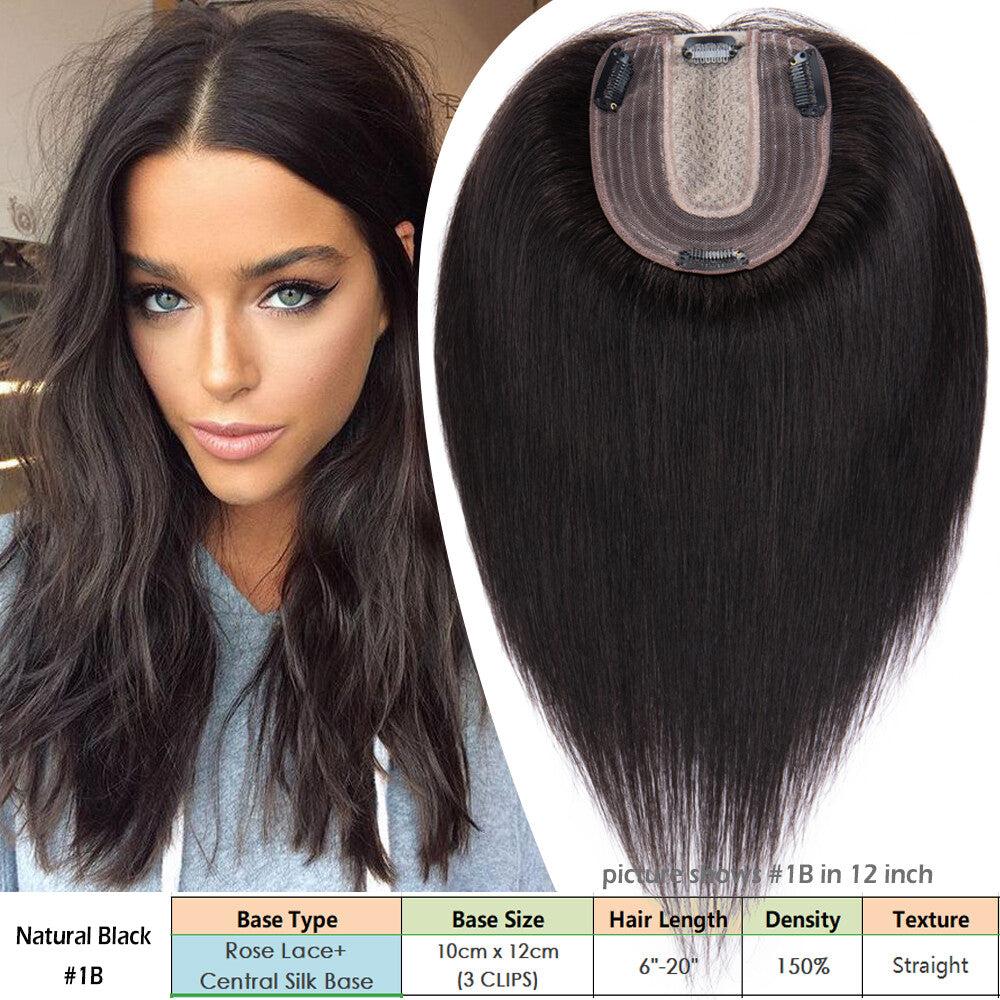 Clip-In Human Hair Topper with Silk Base for Women - Natural Look & Various Sizes