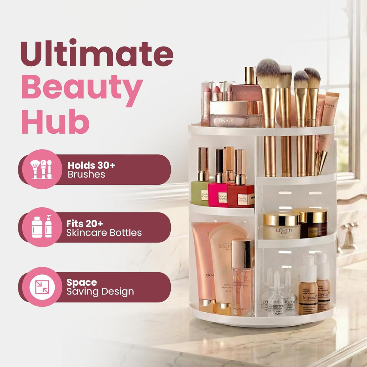 Rotating Makeup Organizer with Adjustable Shelves & 360 Degree Spin