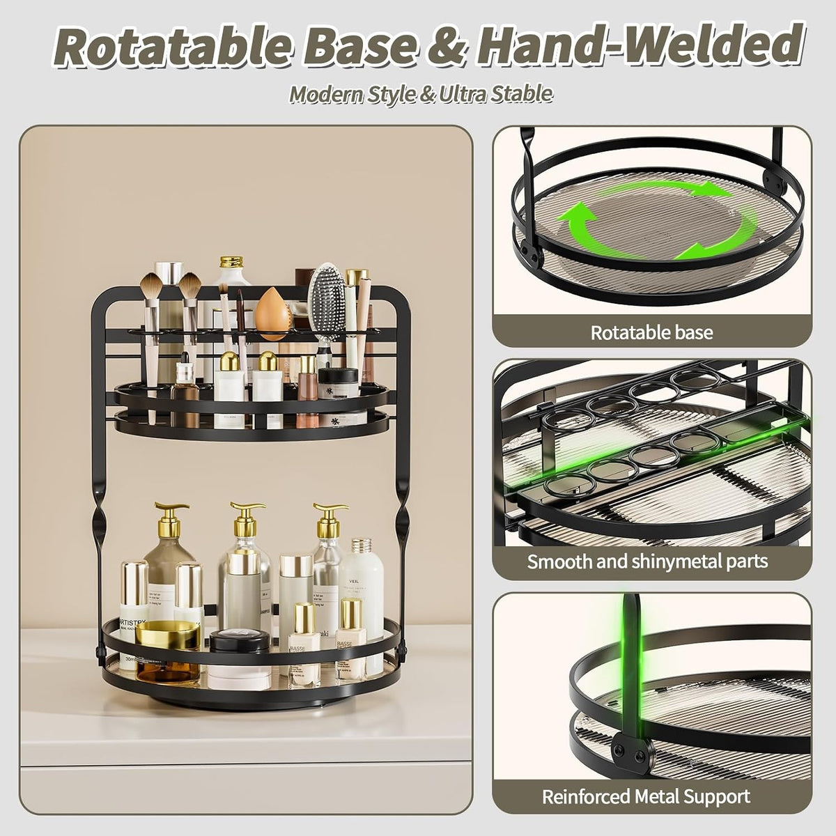 Rotating Makeup Organizer with 2 Tiers for Vanity and Bathroom Storage
