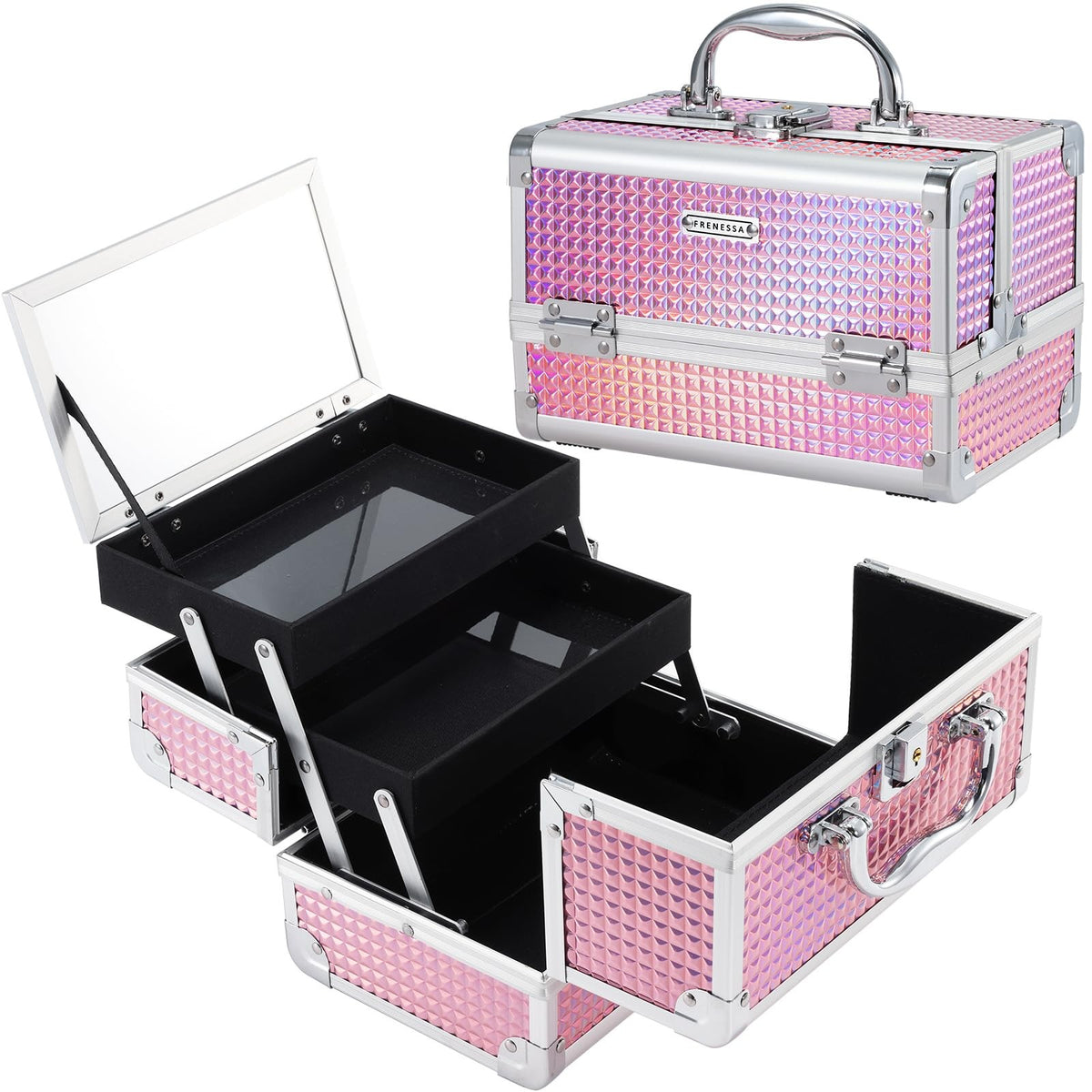 Pink Makeup Train Case with Mirror Portable Organizer Locking Hard Box