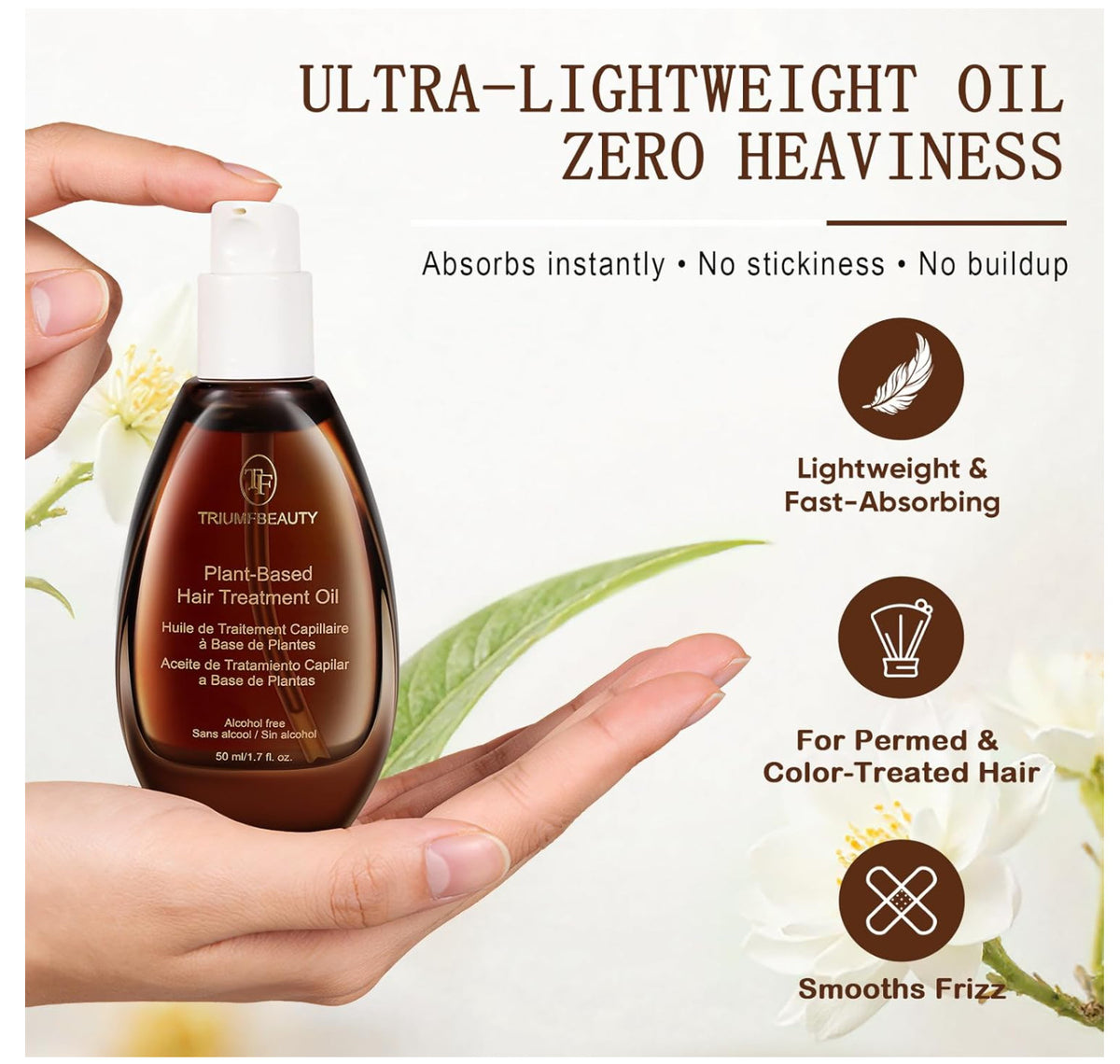 Plant-Based Hair Treatment Oil - Lightweight, Anti-Frizz & Heat Protectant, 50ml