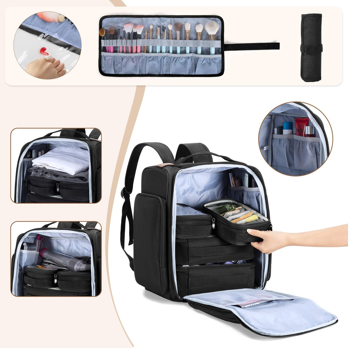 Travel Makeup Backpack with Removable Pouches & Brush Bag - Large Capacity