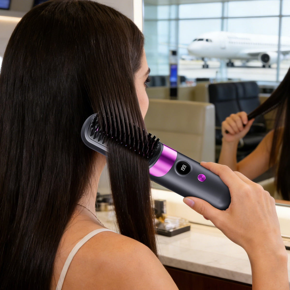Rechargeable Black Ceramic Hair Straightener Brush Portable Styling Tool