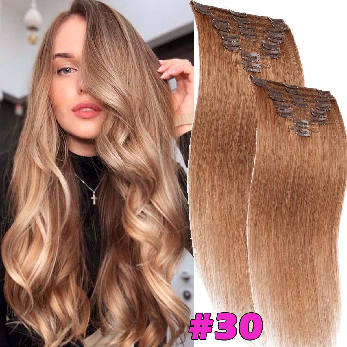 Seamless Clip-In Human Hair Extensions - Full Head Remy Hair Wefts