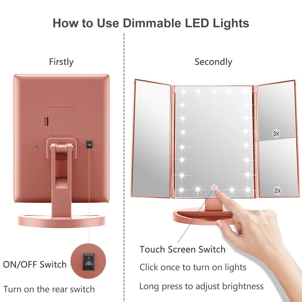 Makeup Mirror with 21 LED Lights, 2X & 3X Magnification, Rose Gold