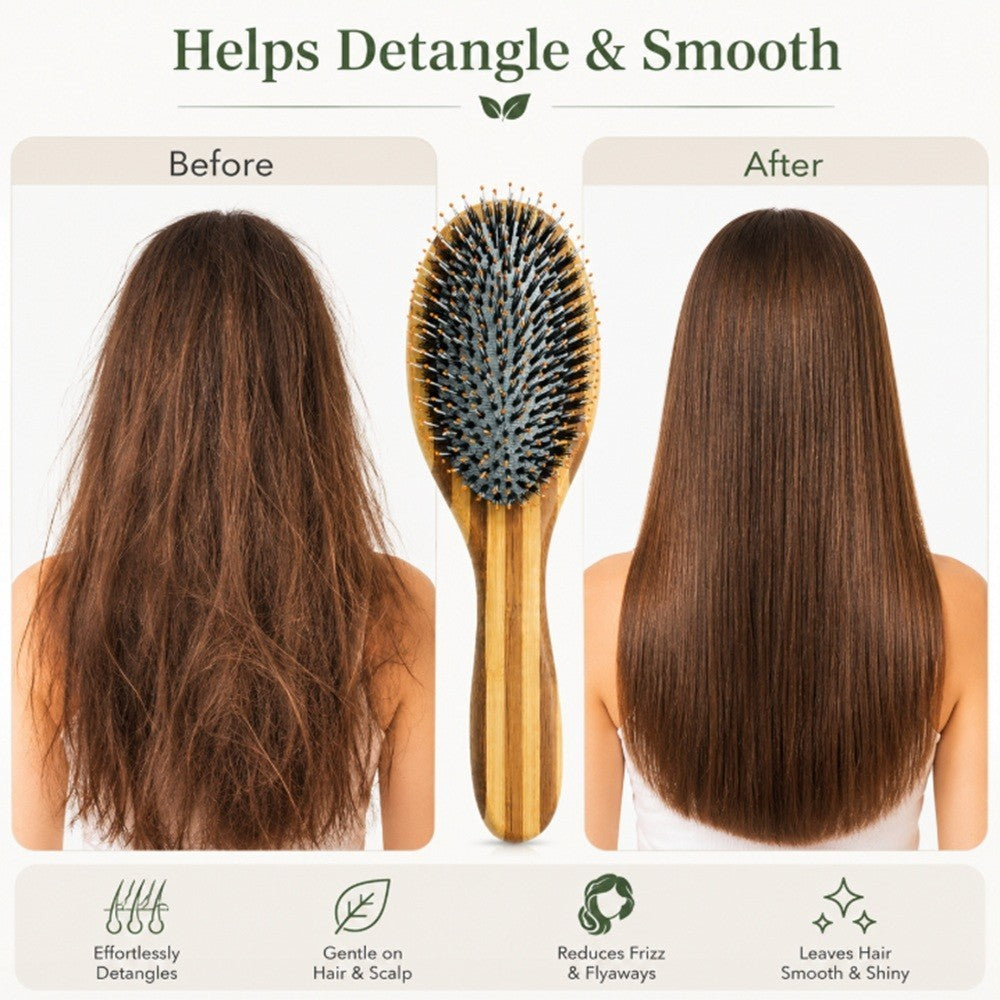 Bamboo Boar Bristle Hair Brush for Thick Curly Fine Hair - Scalp Massage Comb