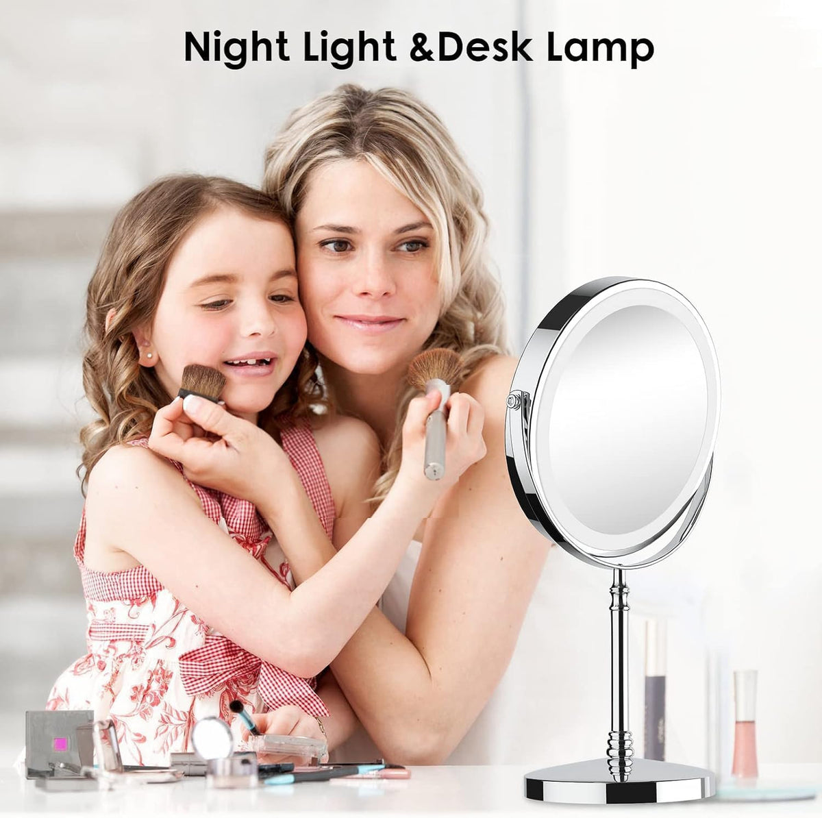 Rechargeable Double-Sided LED Makeup Mirror with 10X Magnification and 3 Color Lights