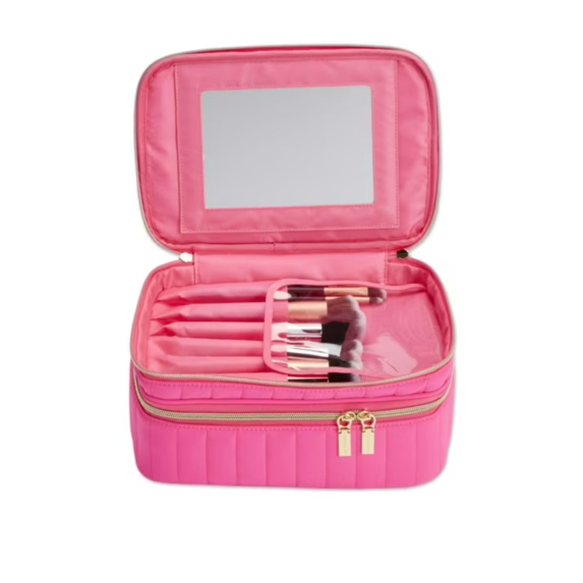 Pink Travel Cosmetic Train Case with Mirror & Brush Organizer