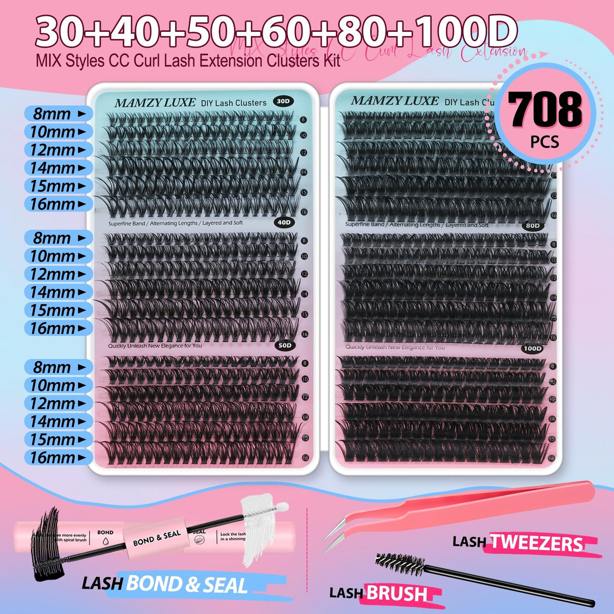 Professional Lash Cluster Kit 708pcs with Bond, Tweezers & 6 Styles