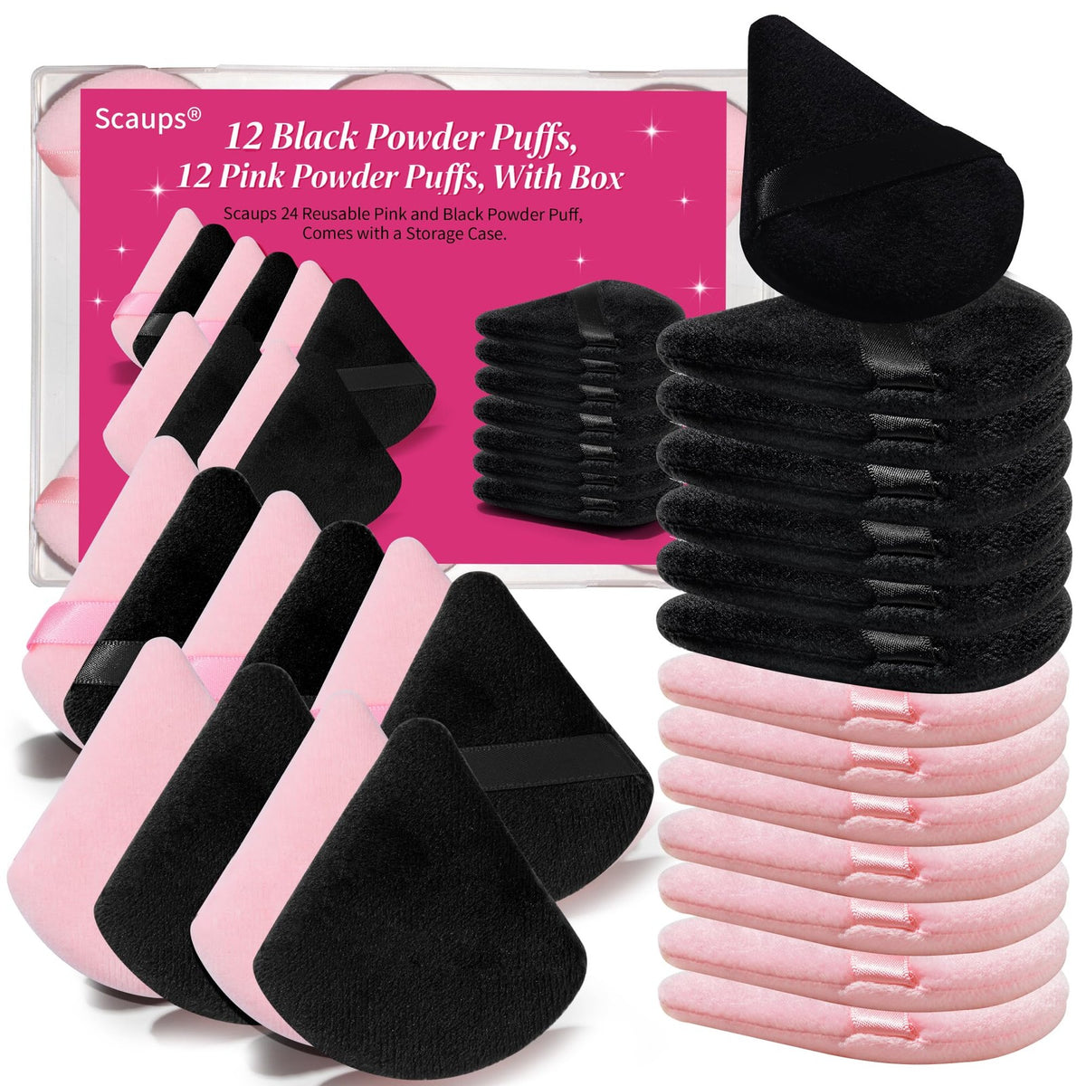 Makeup Powder Puffs Set - 24 Black and Pink Triangular Sponges with Storage Case