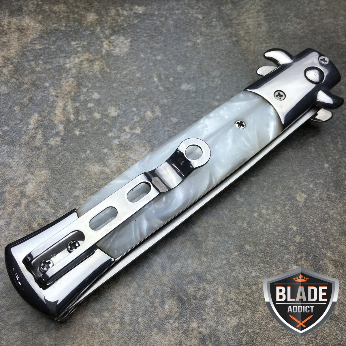 Automatic Push Button Folding Comb Switchblade Knife with White Swirl Brush Handle