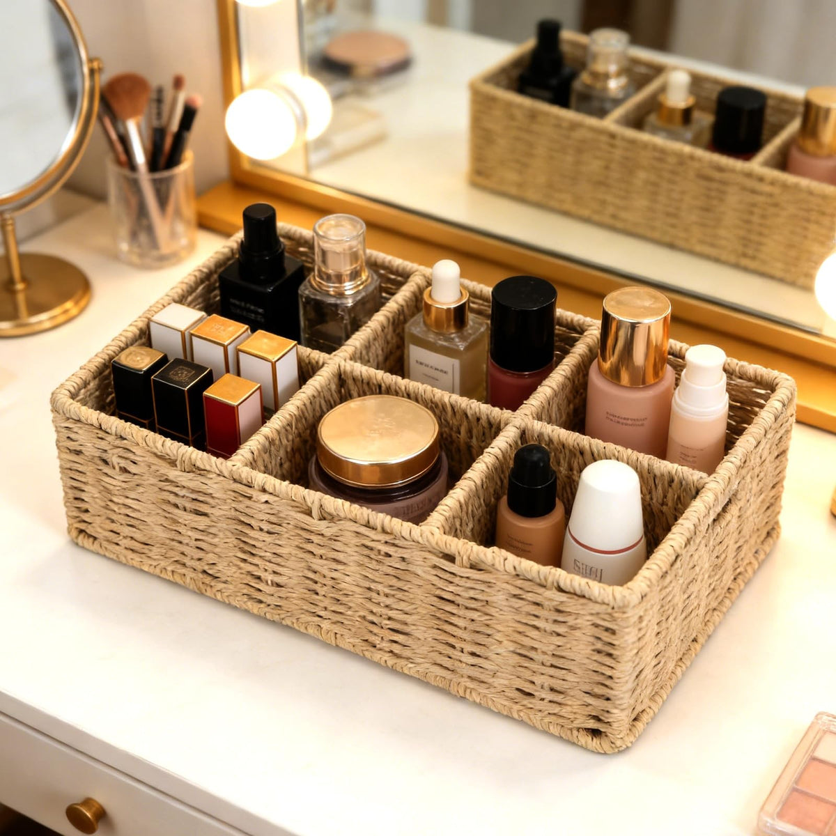Wicker Makeup Organizer with 6 Compartments - Hand-Woven Vanity Storage Basket