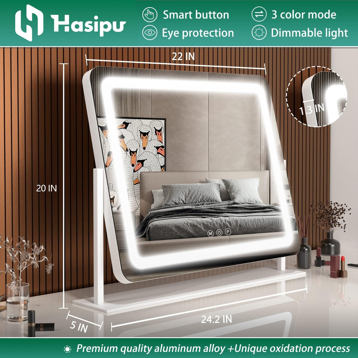 LED Makeup Mirror with Lights 24.2x20 Dimmable 10X Magnification 360° Rotation