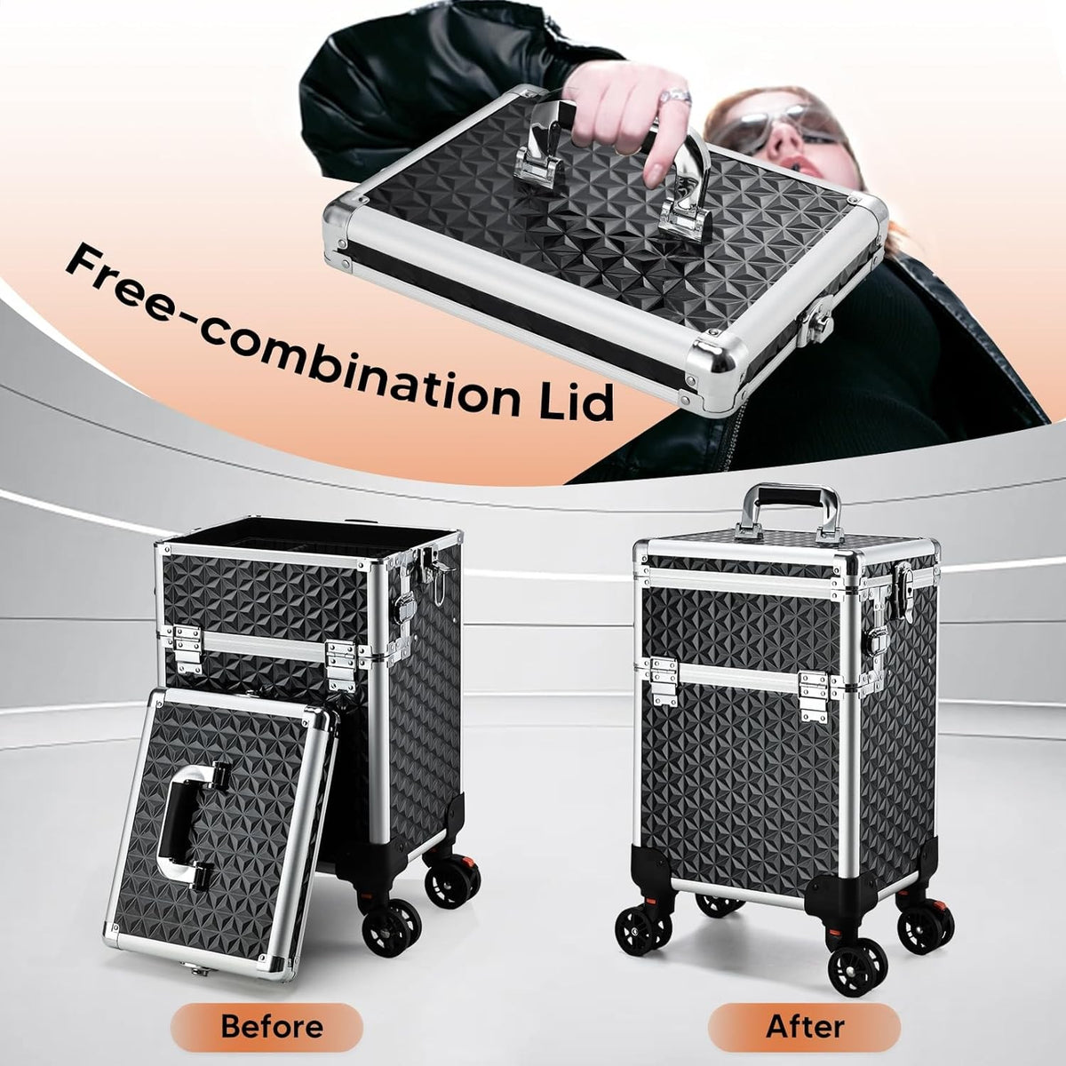 3-in-1 Portable Rolling Makeup Case with Detachable Compartments & Lockable Storage