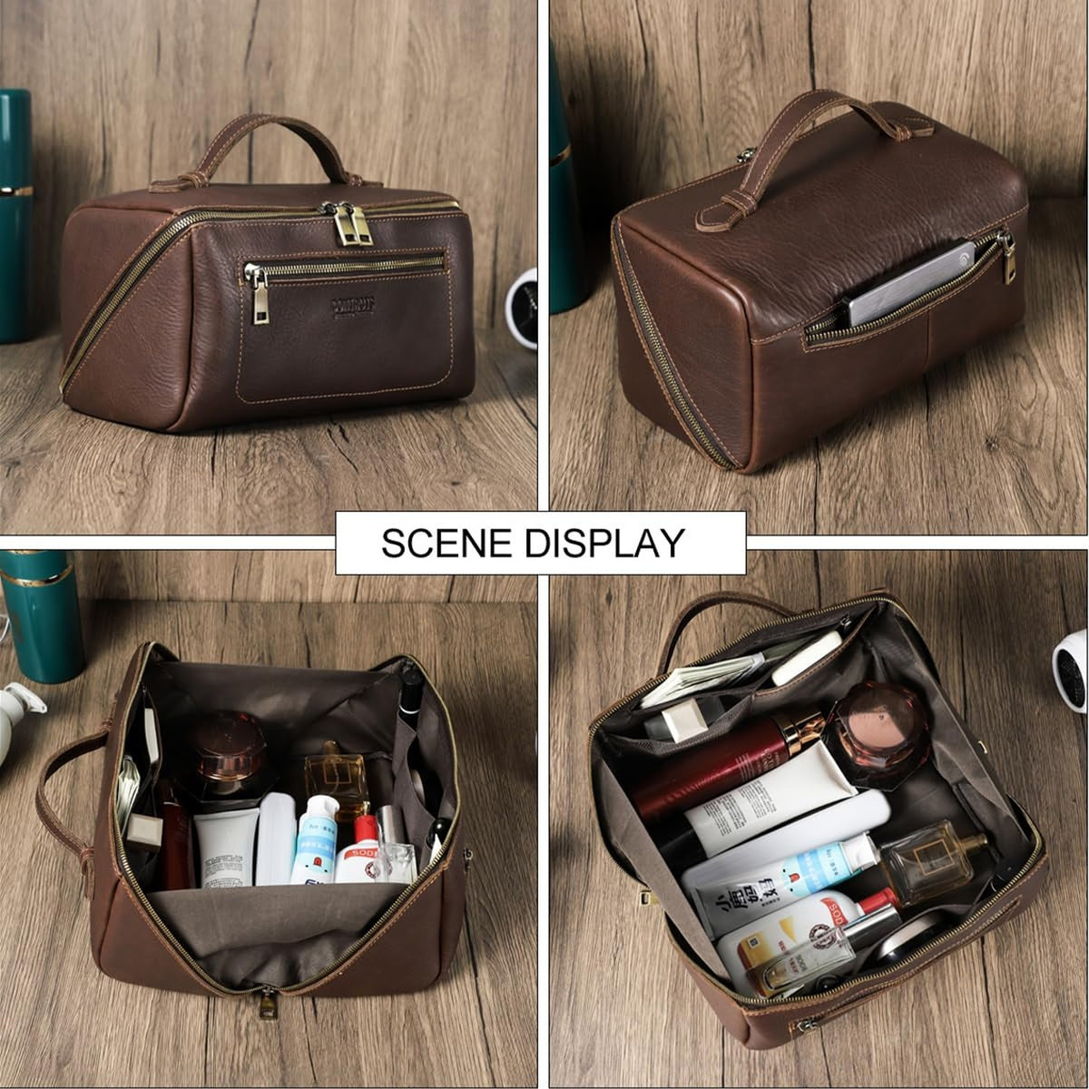 Full Grain Leather Travel Toiletry Bag for Men - Large Dopp Kit with Handle