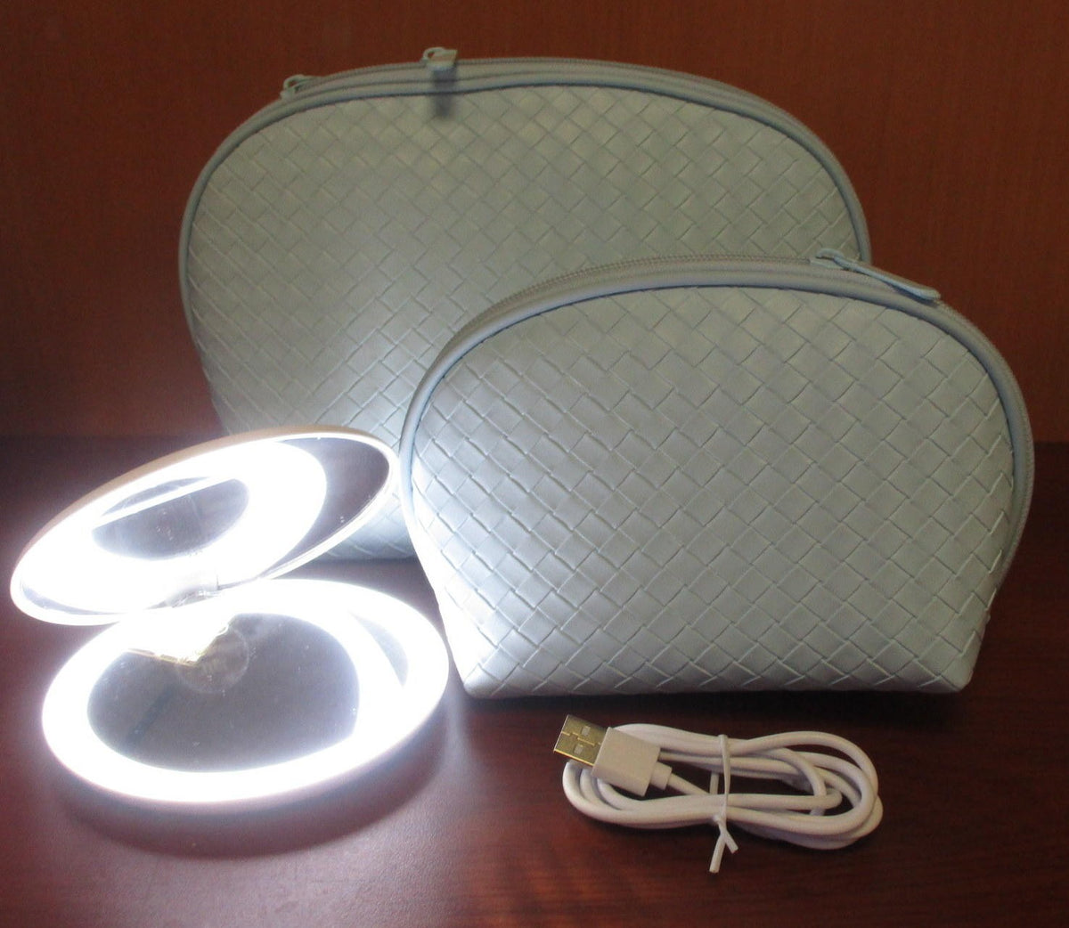 Travel Cosmetic Bag Set with LED Mirror - Blue Woven Makeup Organizer