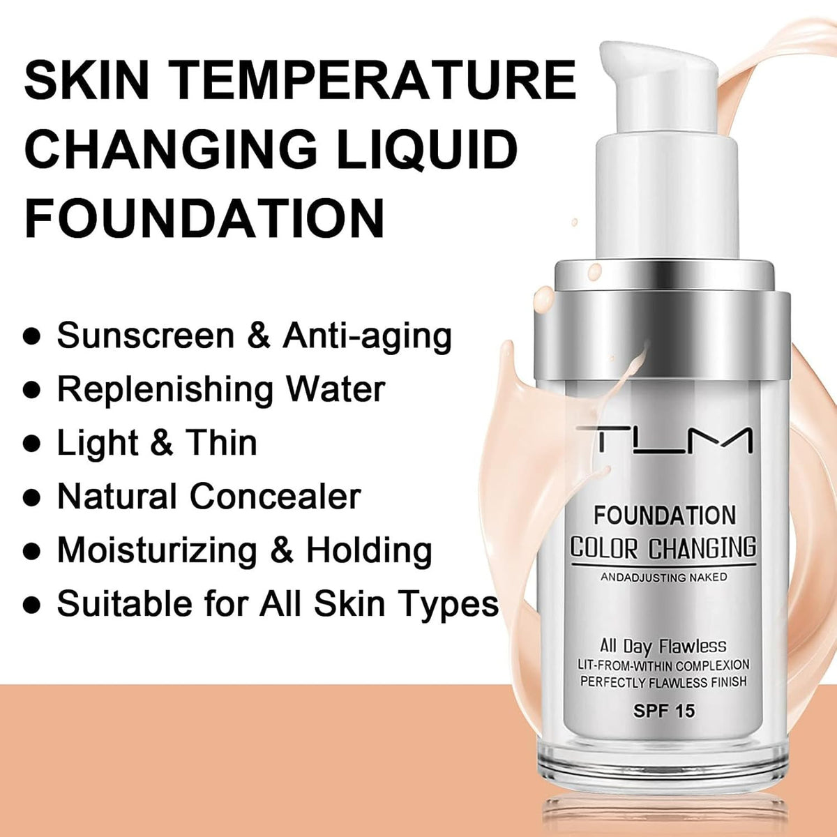 Color Changing Liquid Foundation with SPF 15 - All Day Flawless Coverage, Concealer & Skin Tone Self-Adjusting Base