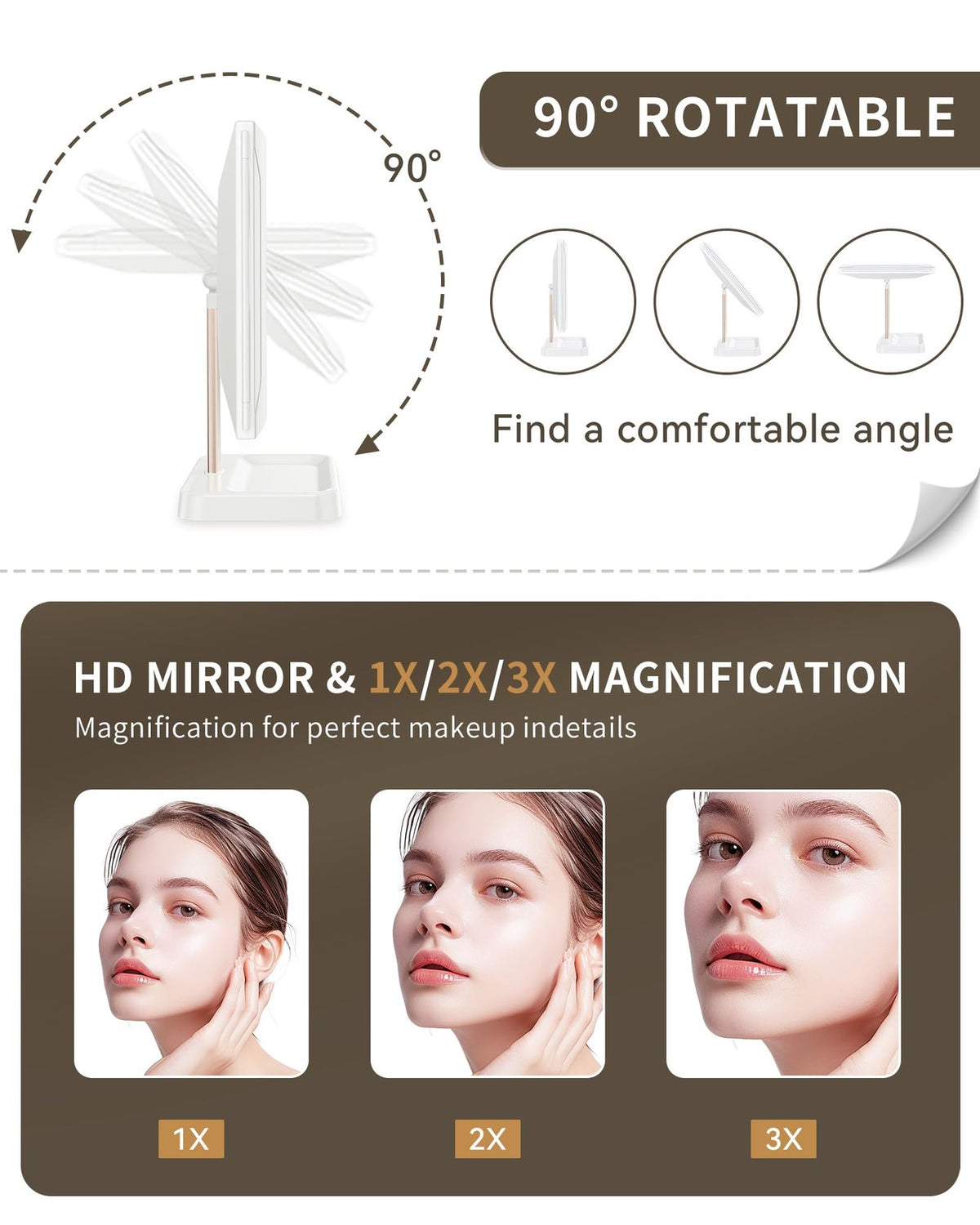 Dimmable Vanity Makeup Mirror with Lights 1X/2X/3X Magnification Touch Sensor