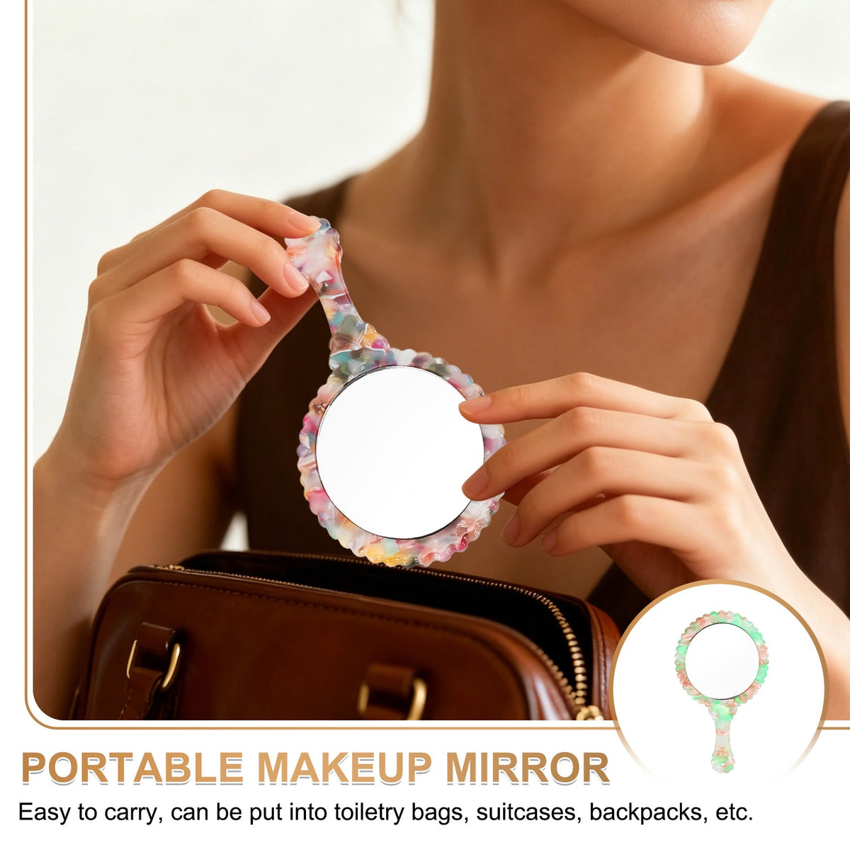 Oval Handheld Mirror with Green Floral Acetate Handle - Travel Makeup Mirror