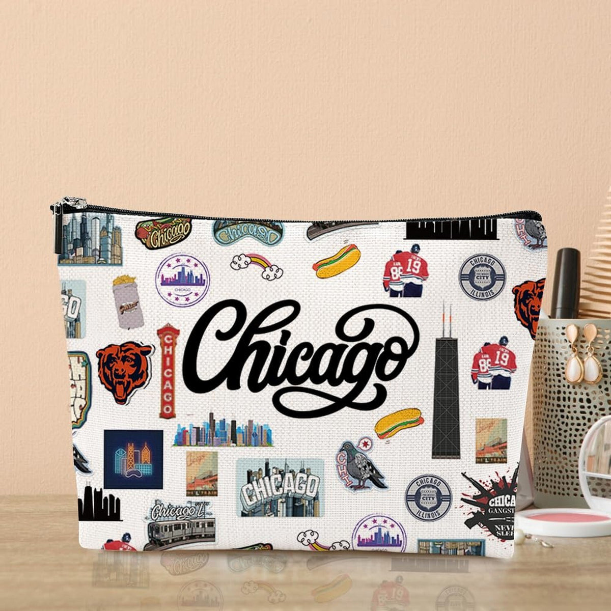 Chicago Themed Makeup Bag - Travel Cosmetic Pouch for Women & Girls