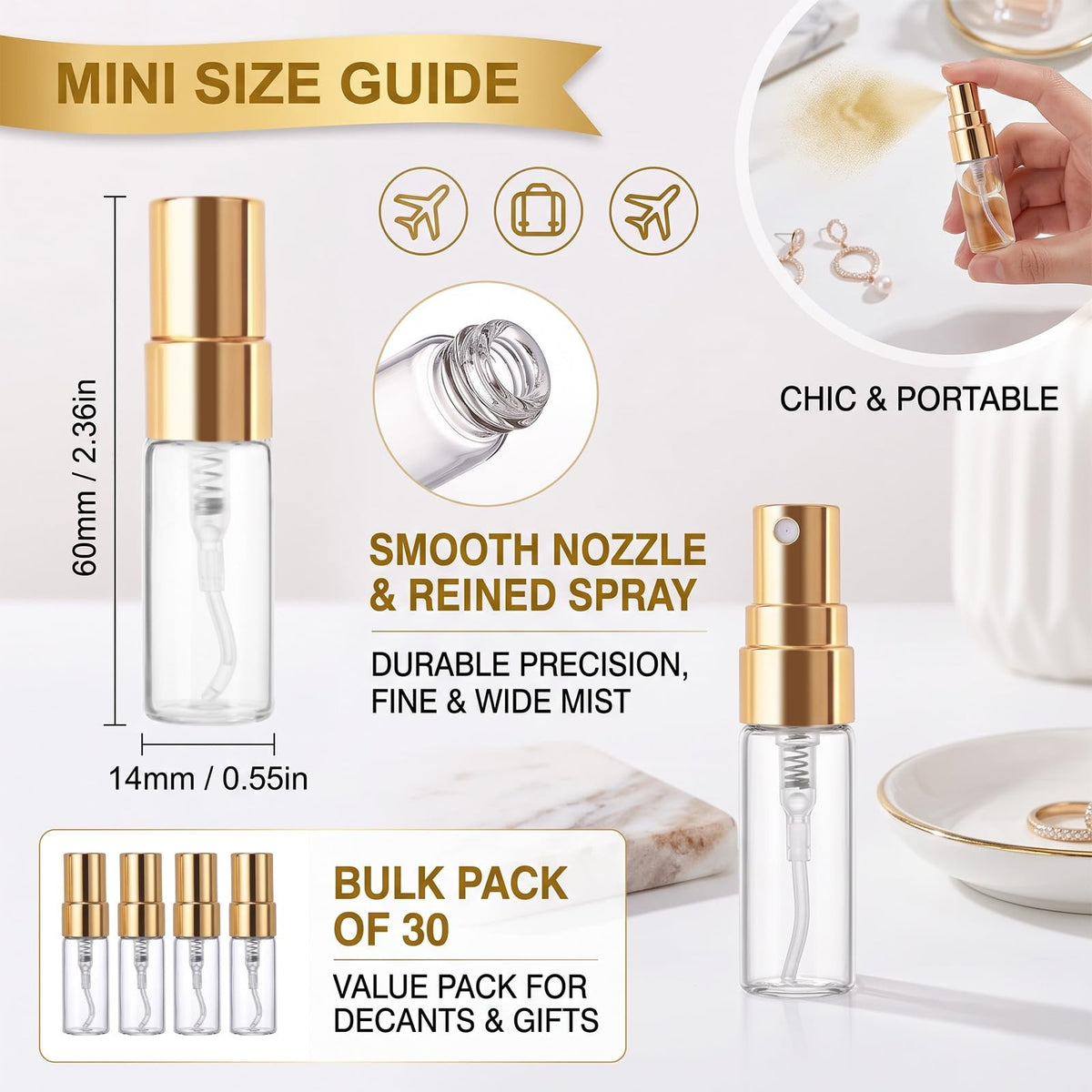 30Pcs Refillable Mini Glass Spray Bottles 3ML for Perfume Samples Travel