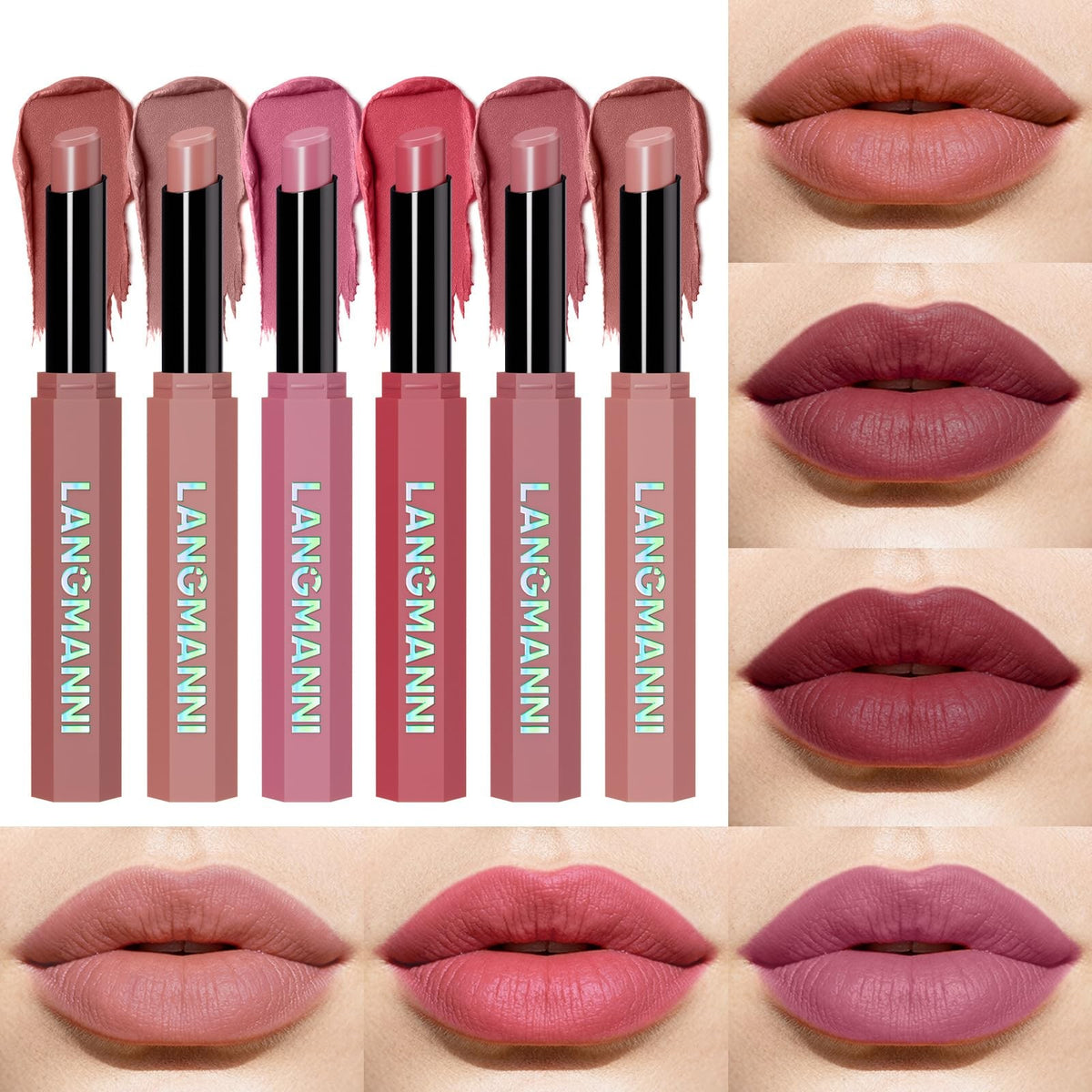 Pink & Rose Matte Lipstick Set - 6 Color Collection for Natural & Glam Looks