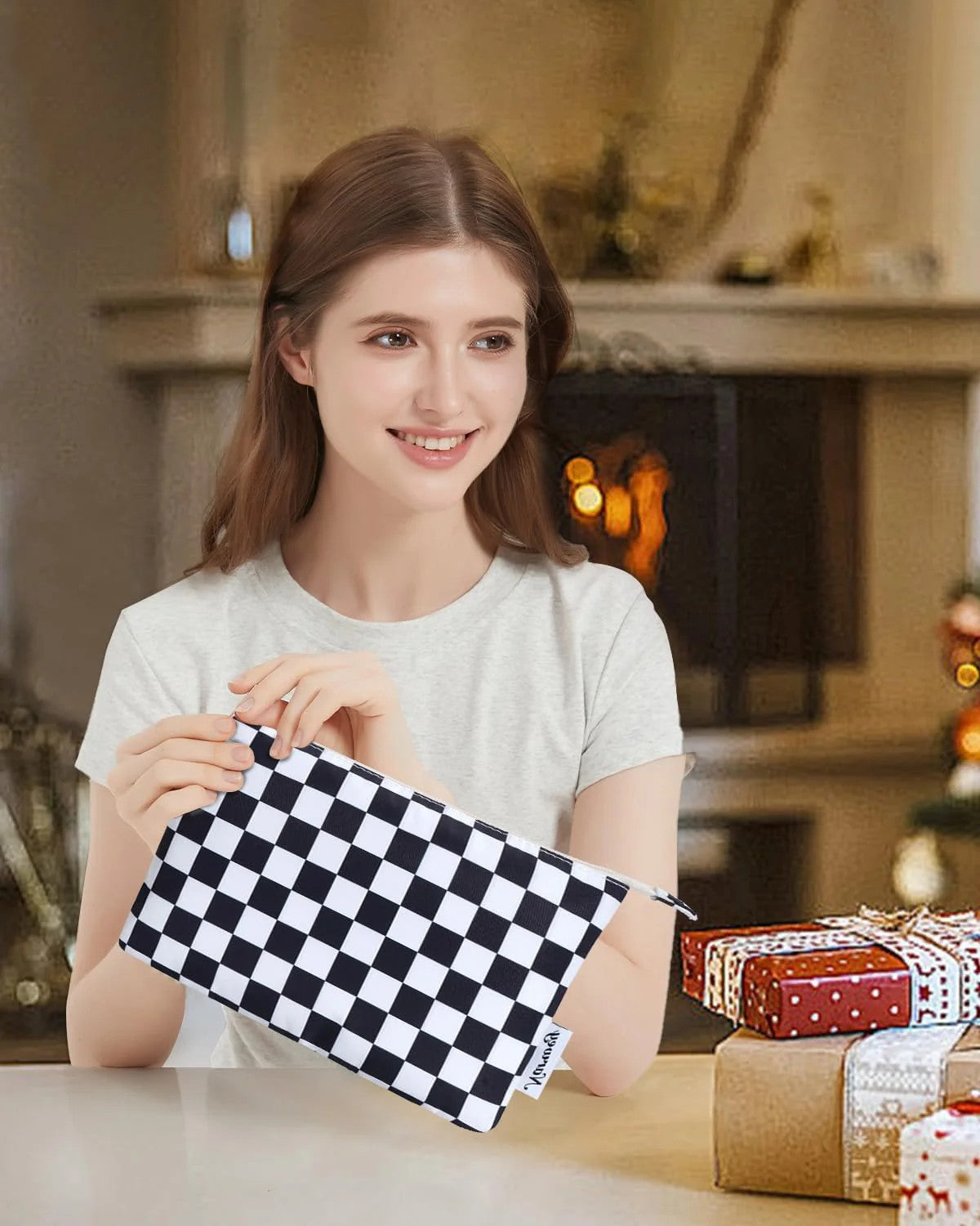 Small Checkered Makeup Bag for Purse - AB-Black Cosmetic Bag